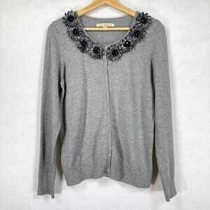 Gray Button Down  Cardigan Sweater Jeweled Satin Floral Cottage Boho Grandma S